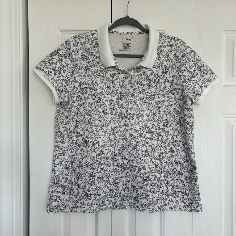 L.L.Bean Womens XL Floral Polo Shirt White Navy 100% Cotton Slightly Fitted